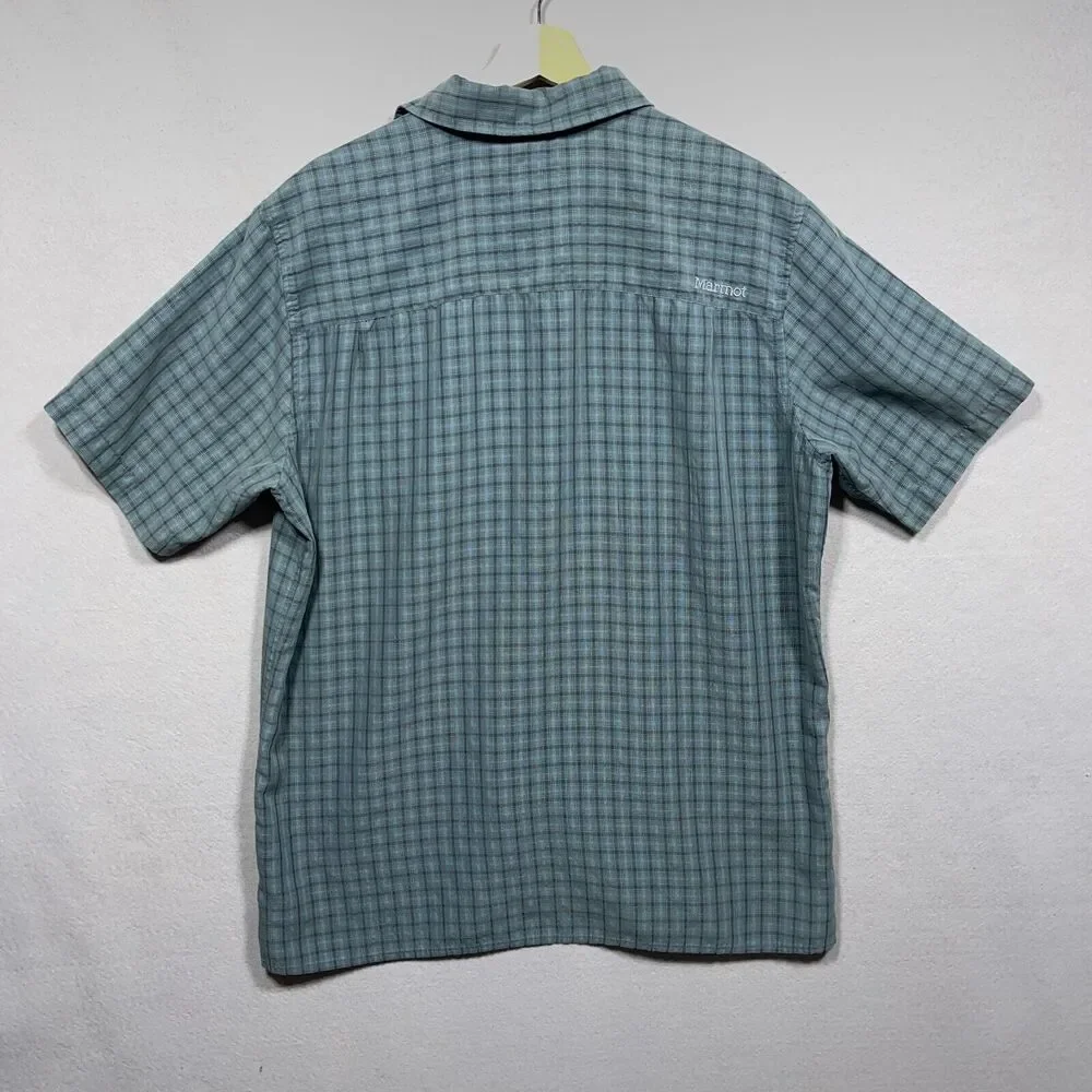 Marmot Plaid Shirt Men Large Regular Short Sleeve Blue Green Button Up Gorpcore